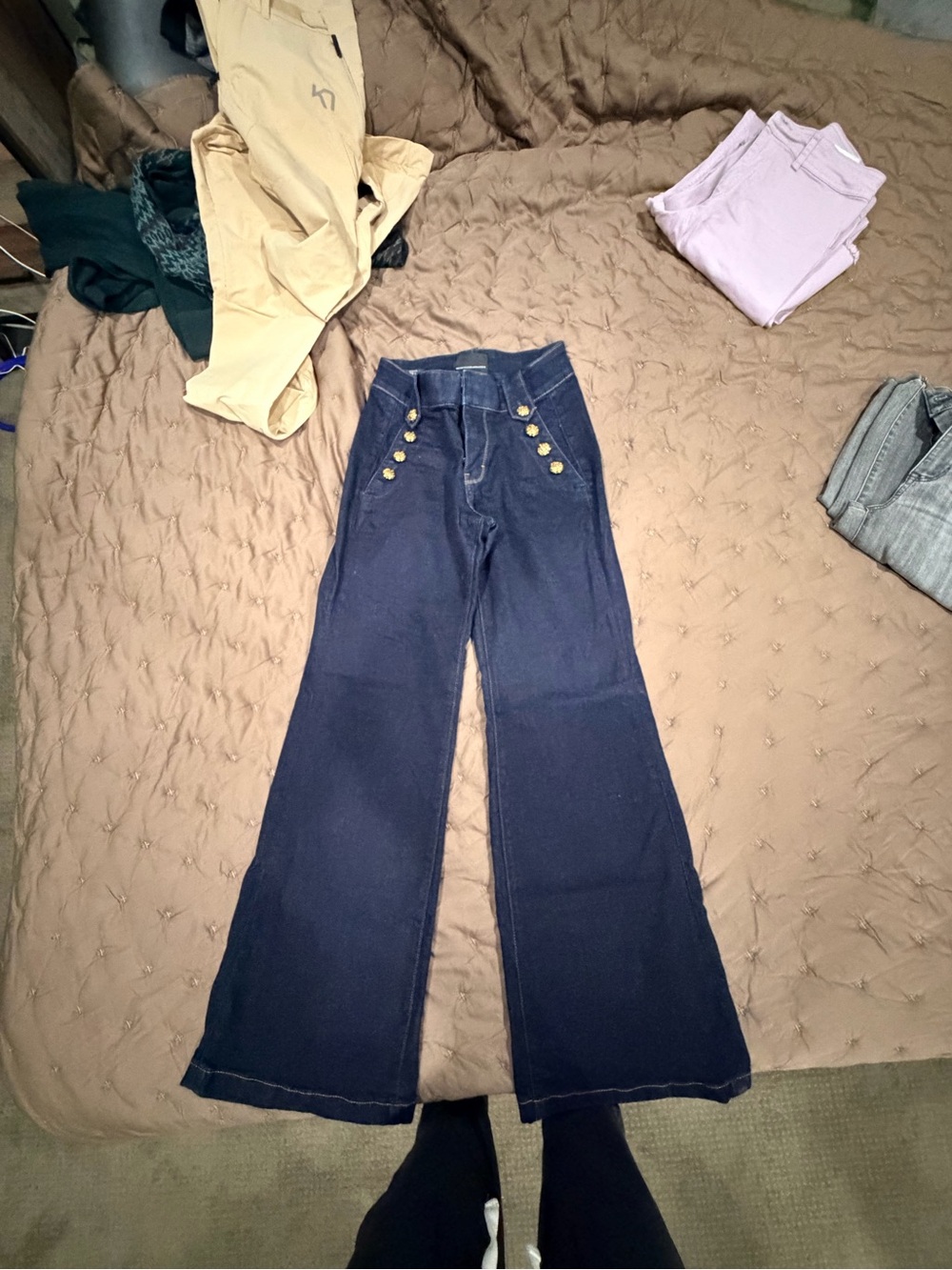 White House Black Market Navy High-Rise Flare Jeans with Sailor Buttons